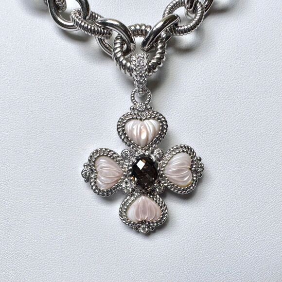 Judith Ripka 925 Silver Pink MOP Heart + CZ Maltese Cross Pendant Chain Necklace - Picture 5 of 17